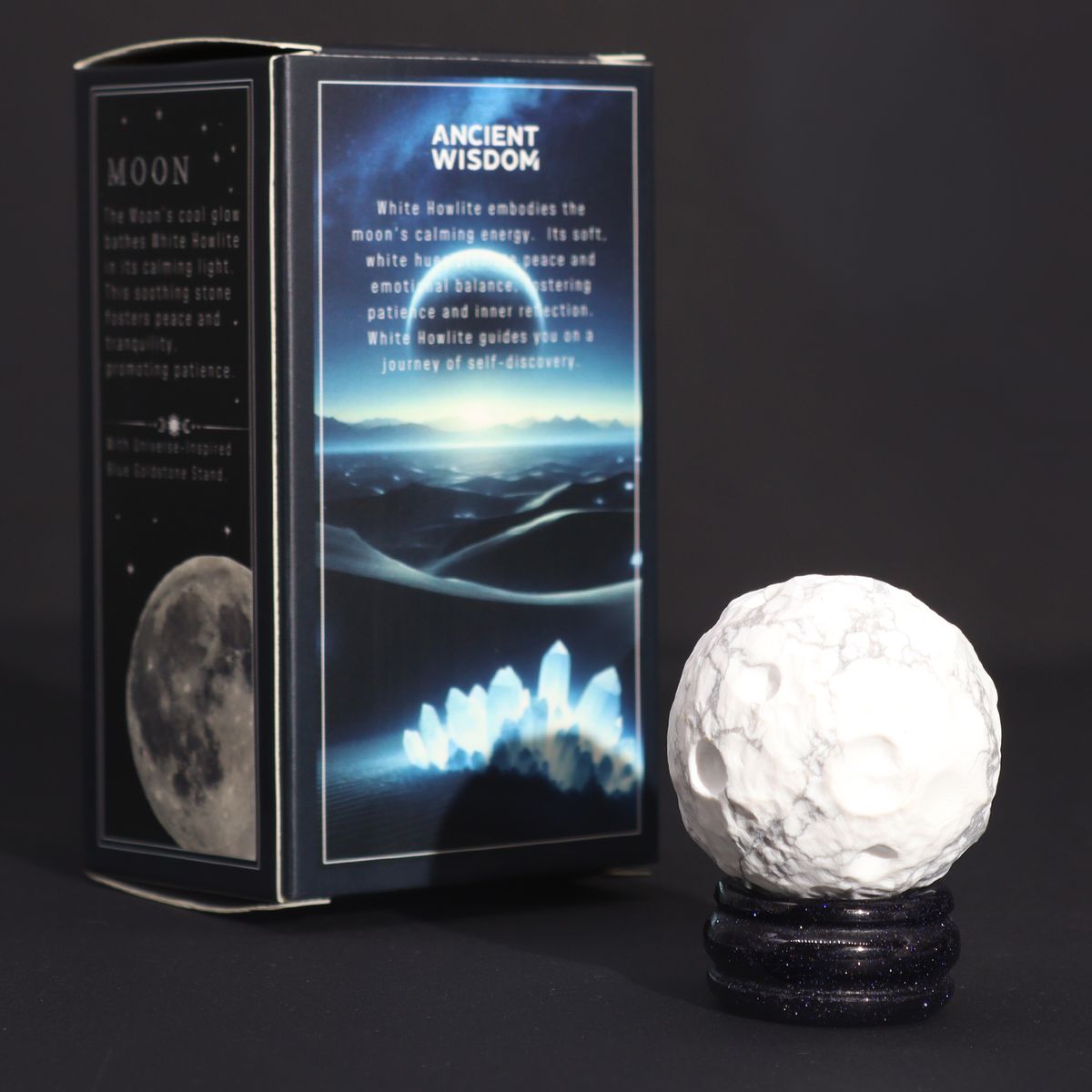 White Howlite Moon Planet on Goldstone Stand – 40mm