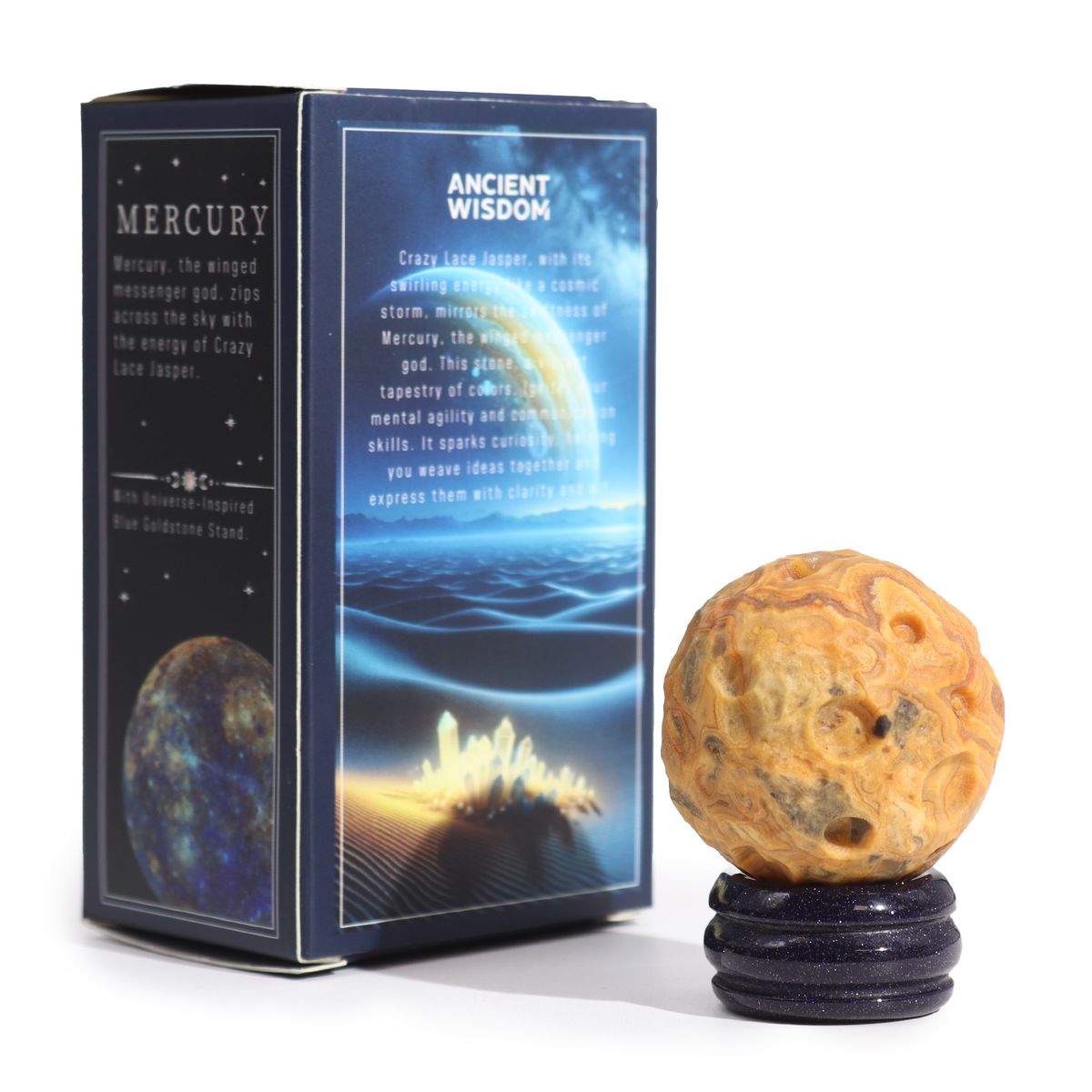 Crazy Lace Jasper Planet Sphere on Goldstone Stand – Mercury
