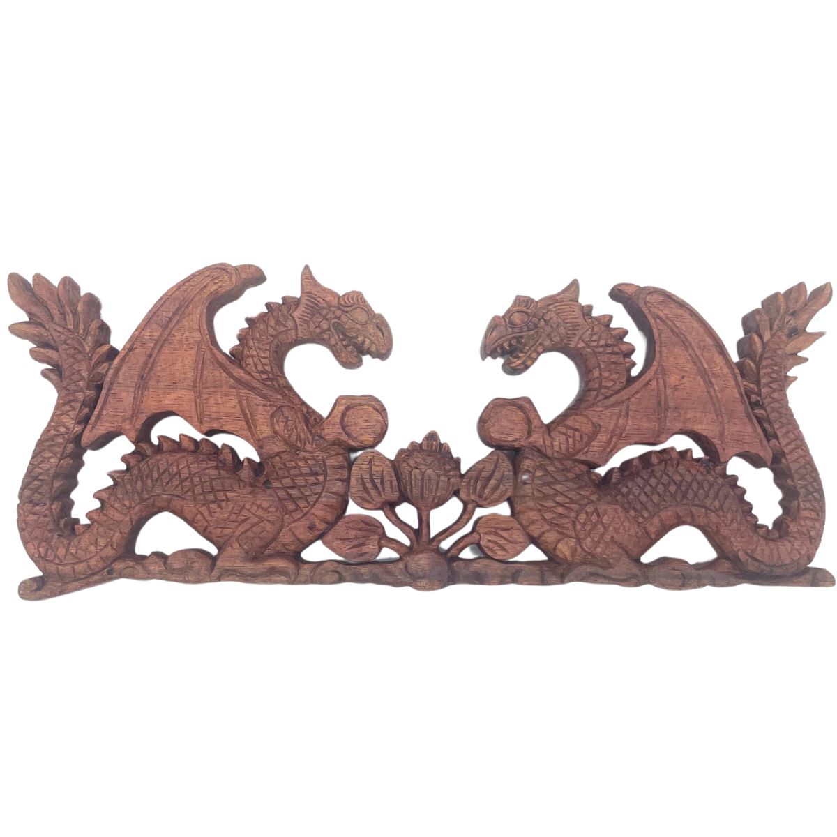 Two Facing Dragons Carved Plaque – 40x15cm