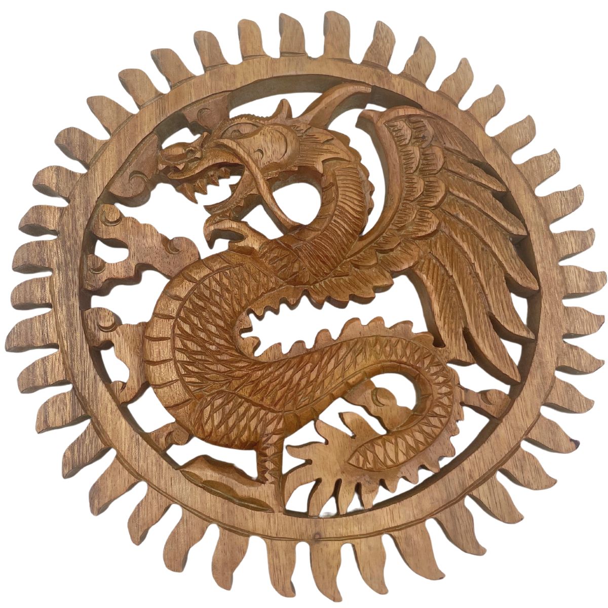 Winged Sun Dragon Carved Plaque – 30cm