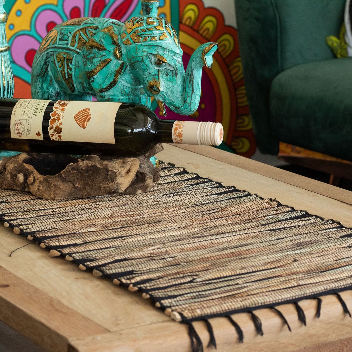 Water Hyacinth Fringed Table Runner – Black Tiger, 150cm