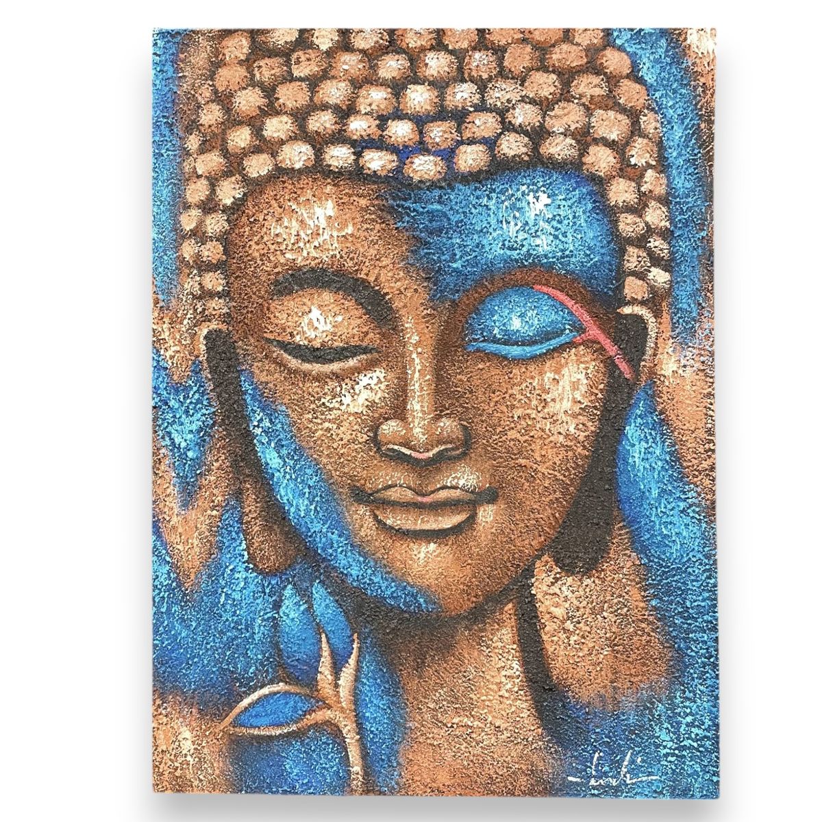 Buddha Painting – Bronze & Blue Flower, 75 x 55cm