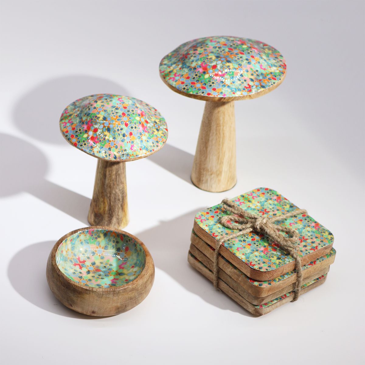 Wooden Mushroom Ornament – Mediterranean Tile Pattern, Medium