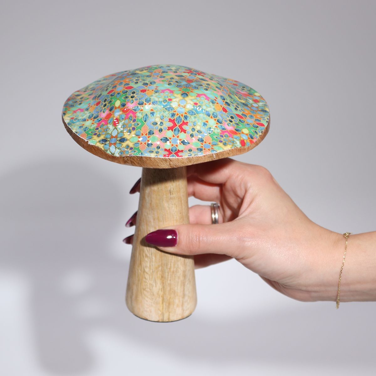 Enamelled Wooden Mushroom Ornament – Pastel Hearts, 15cm