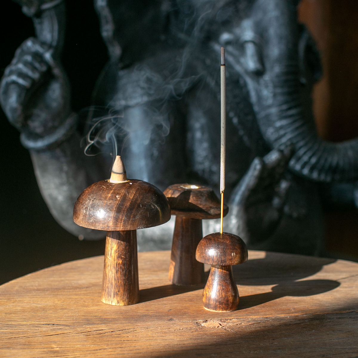 Mango Wood Mini Incense Mushrooms – Set of 3, 6.5–8cm
