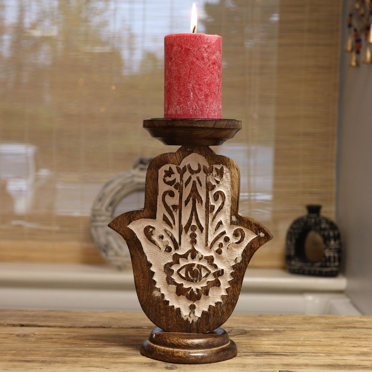 Mango Wood Hamsa Candle Stand – Small