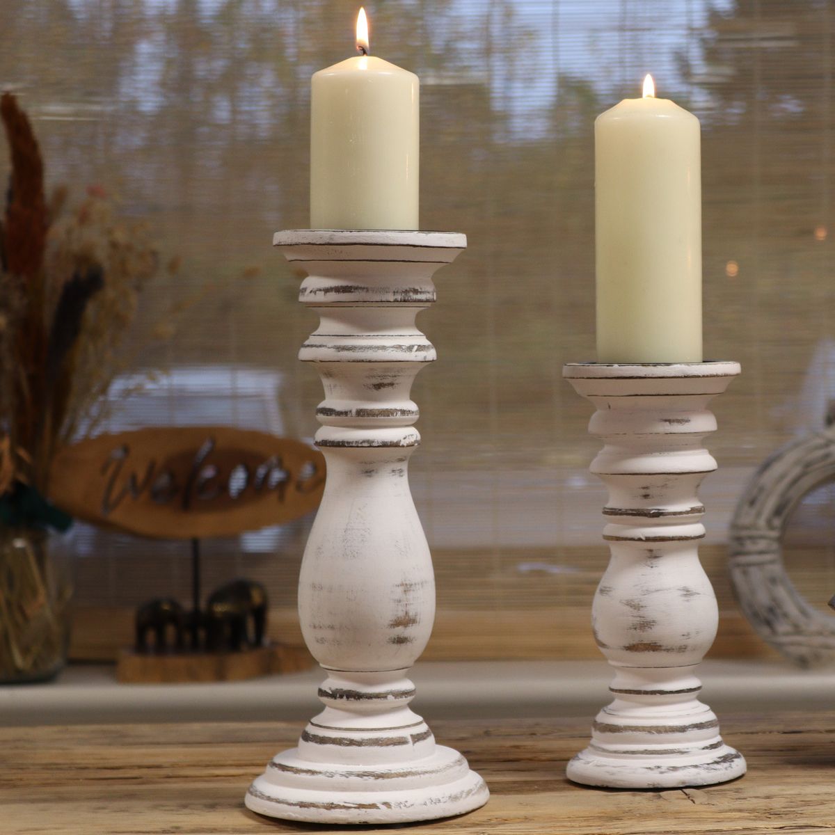 Classic Mango Wood Candle Stand – Whitewash, Small