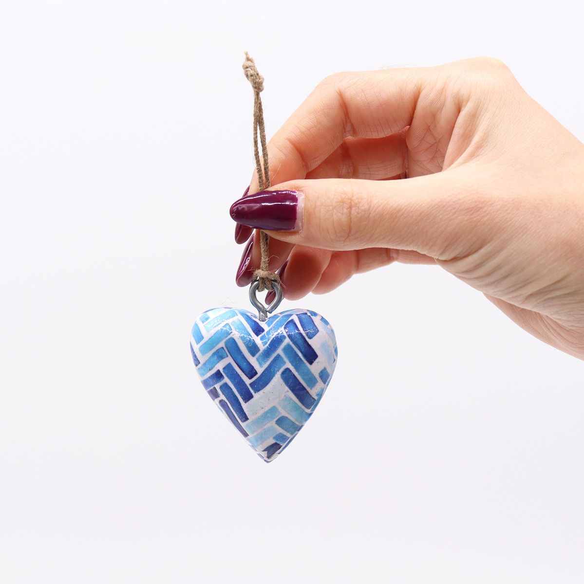 Decorative Enamelled Wooden Heart – Blue Stripes, Small