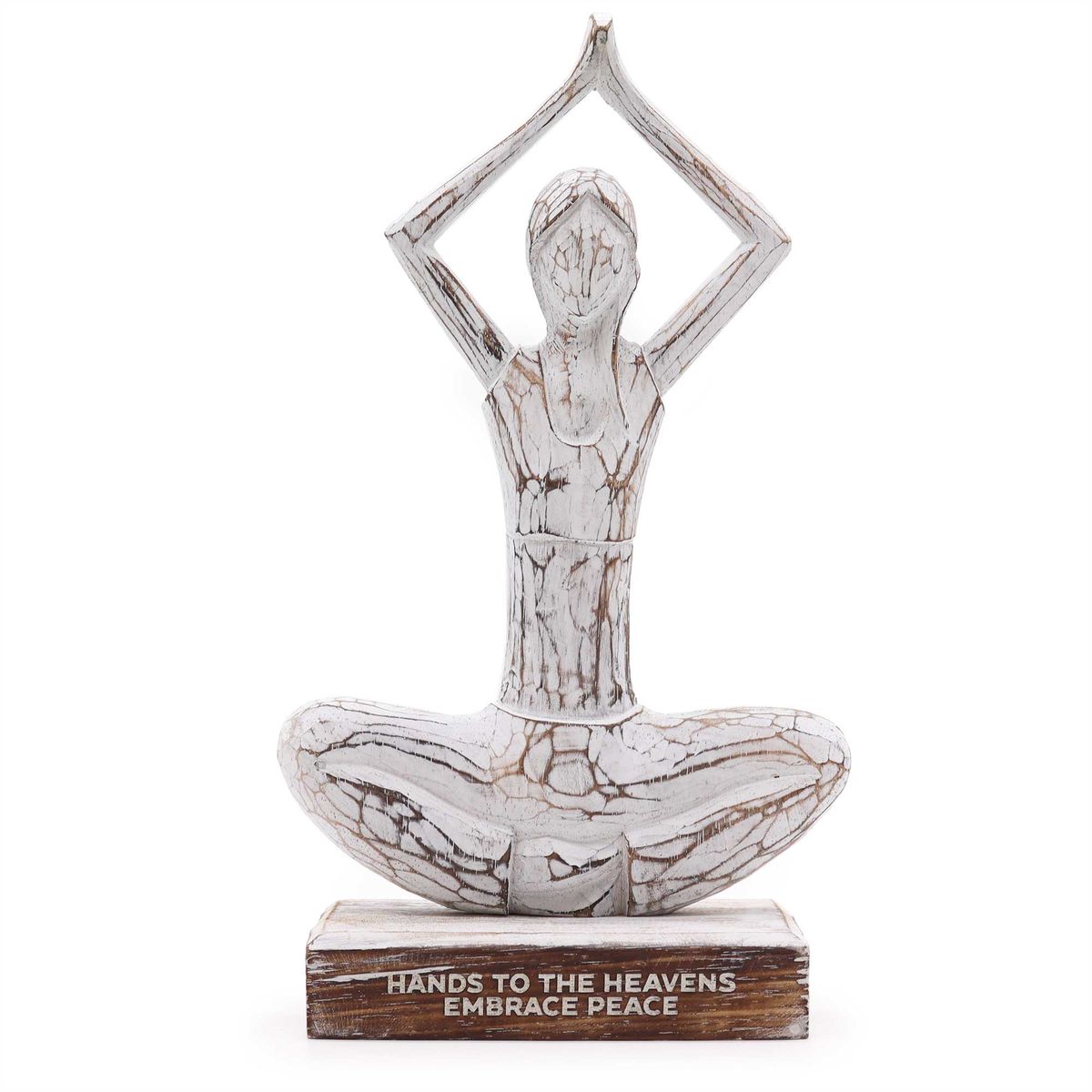 Wooden Yoga Lady Figure – Whitewash, Hands Up Pose