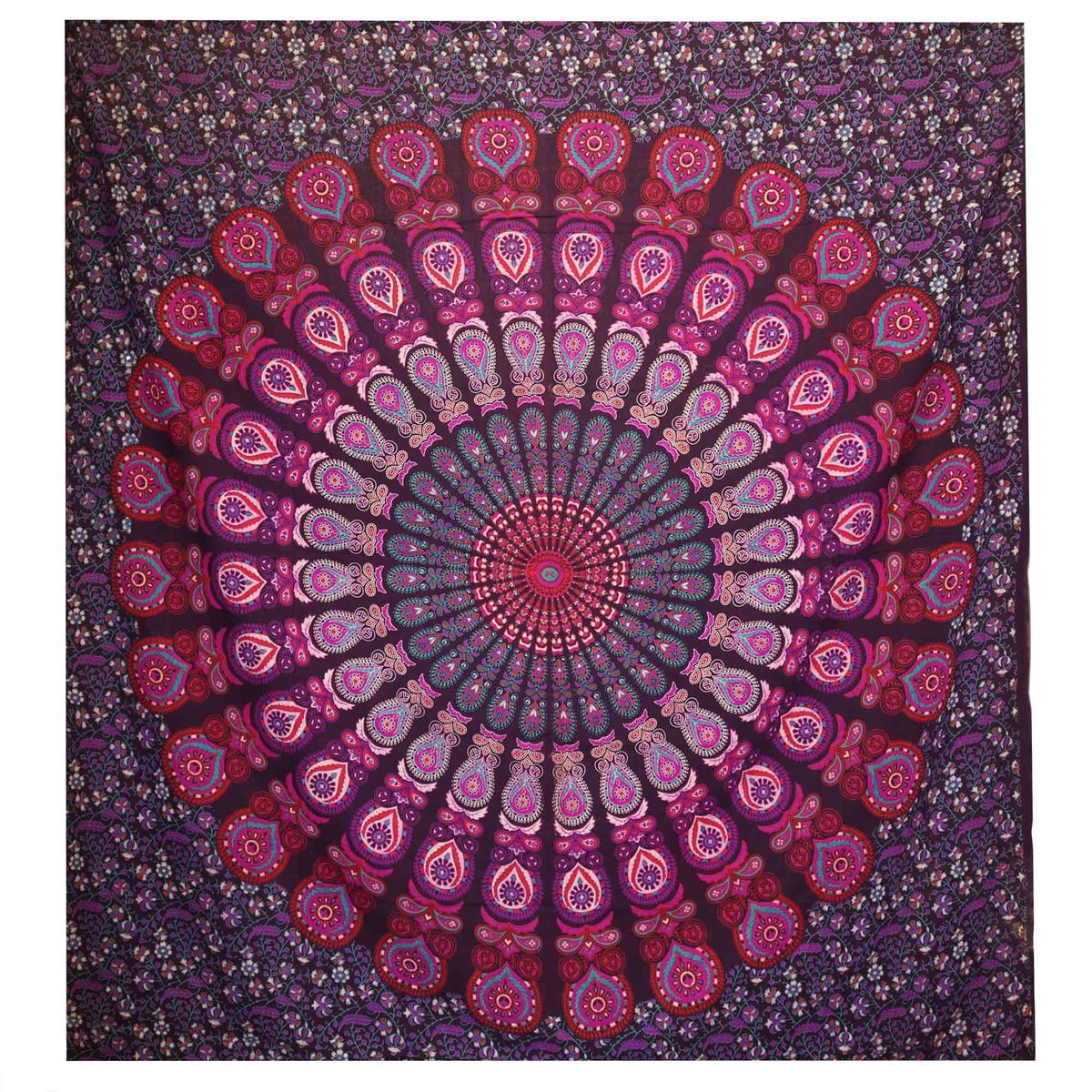 Double Cotton Bedspread & Wall Hanging – Peacock Mandala, Purple