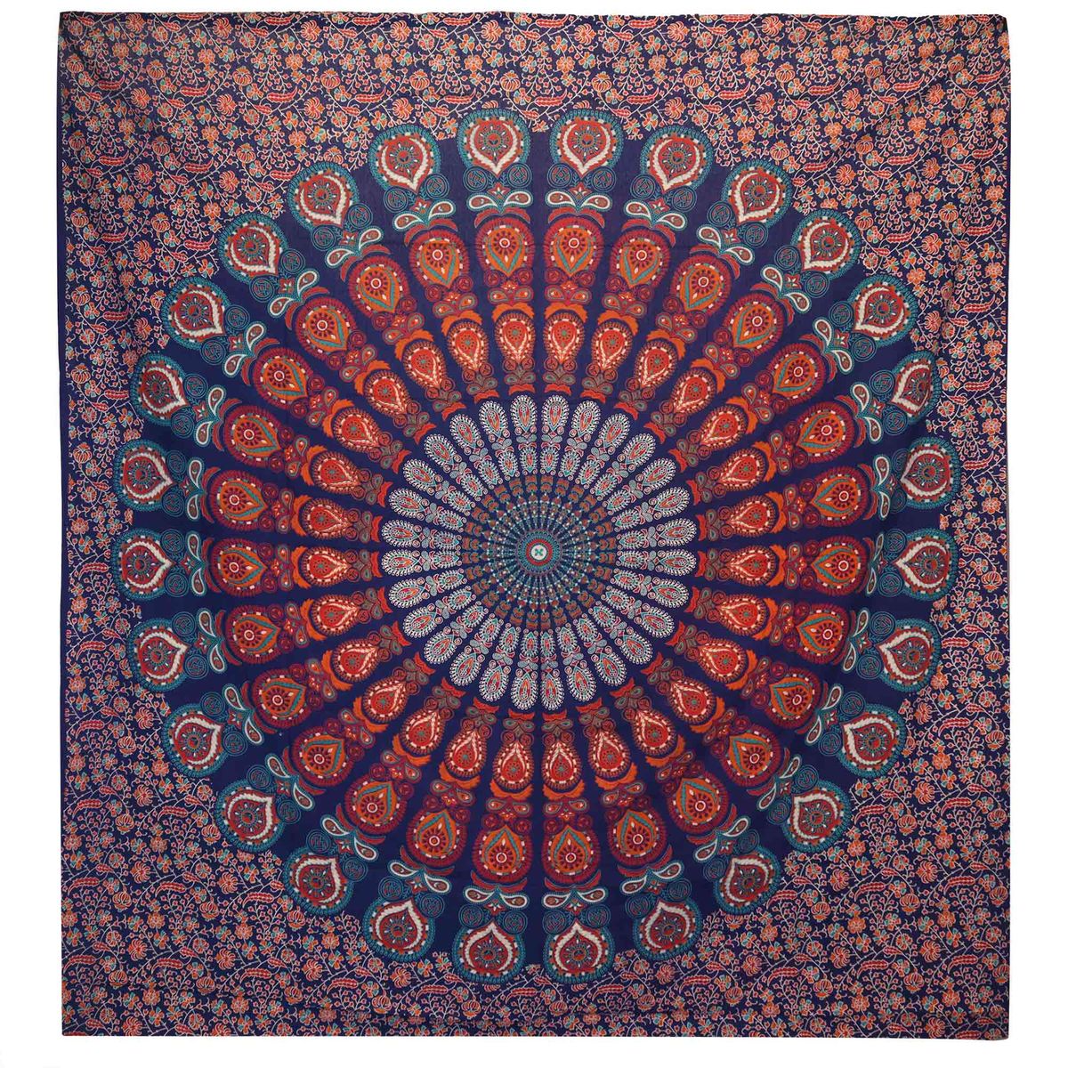 Double Cotton Bedspread & Wall Hanging – Peacock Mandala, Blue
