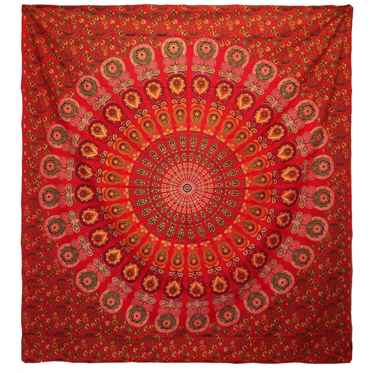 Double Cotton Bedspread & Wall Hanging – Peacock Mandala, Red