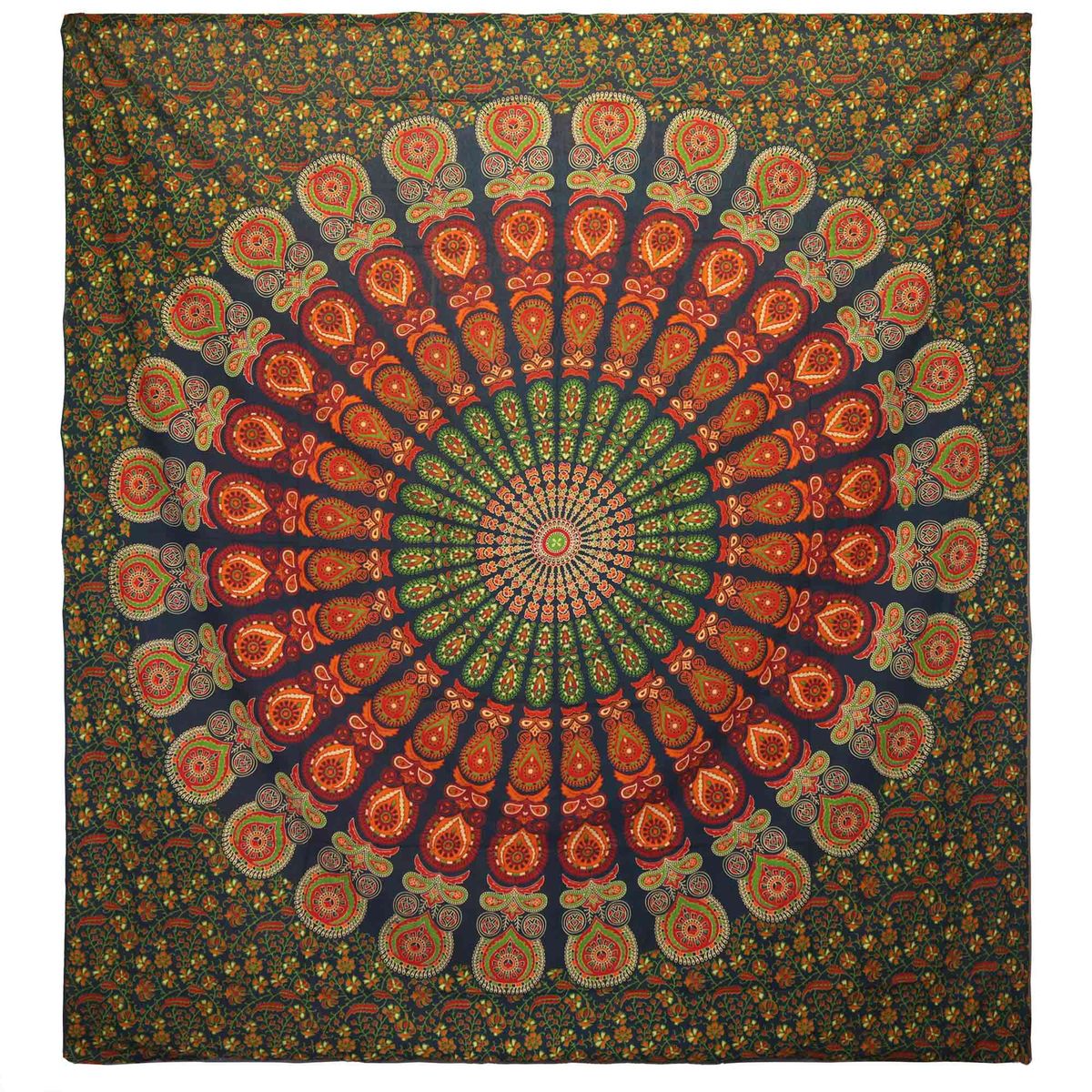 Double Cotton Bedspread & Wall Hanging – Peacock Mandala, Green