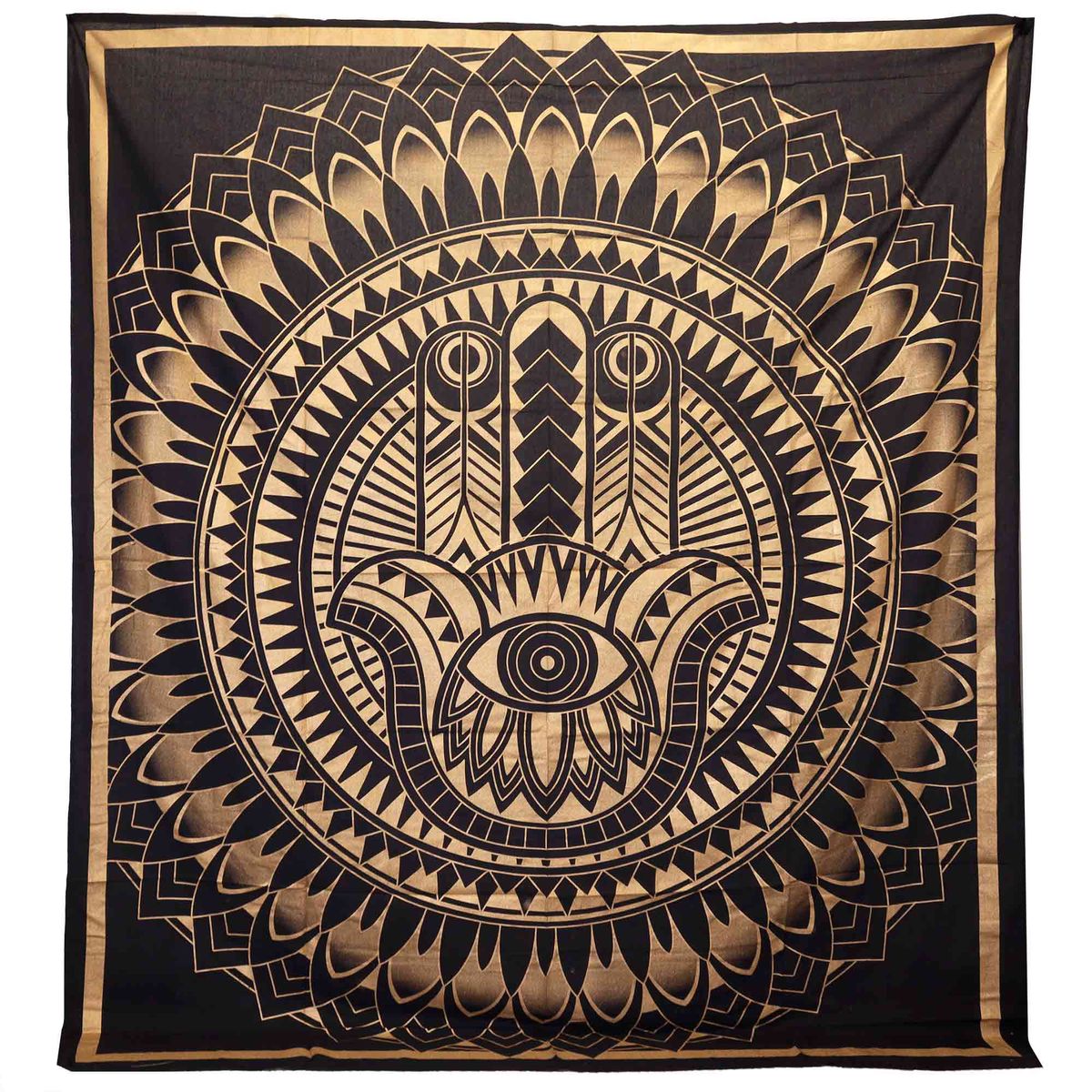 Double Cotton Bedspread & Wall Hanging – Hamsa, Black & Gold