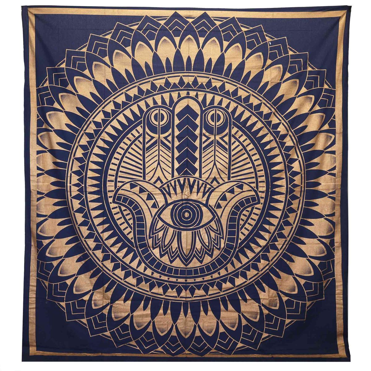Double Cotton Bedspread & Wall Hanging – Hamsa, Blue & Gold