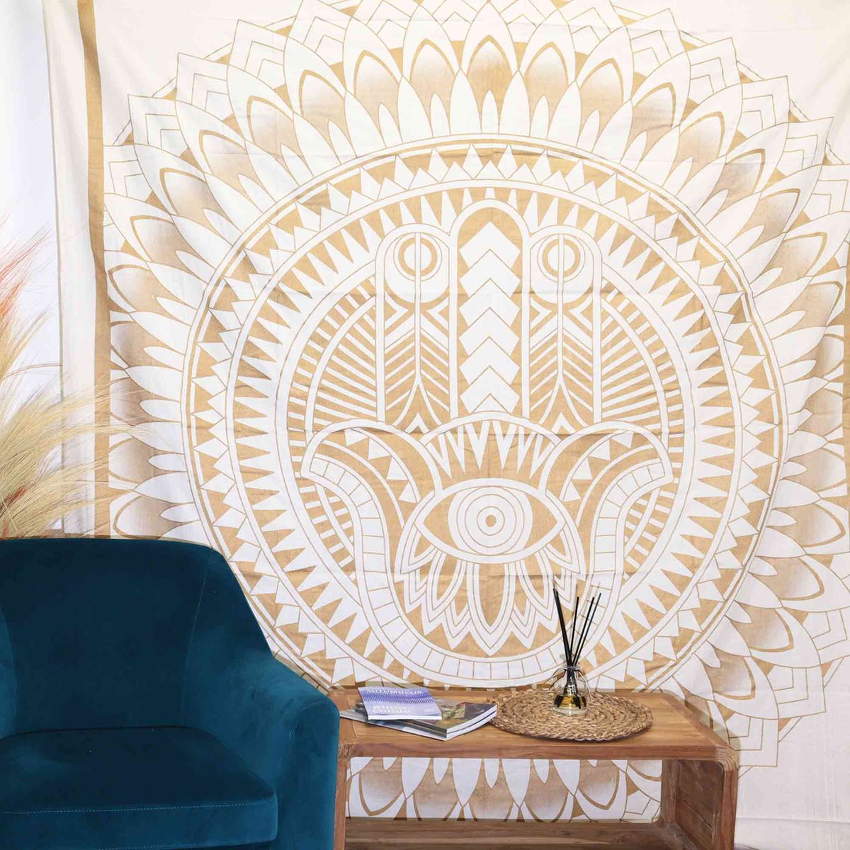 Double Cotton Bedspread & Wall Hanging – Hamsa, White & Gold