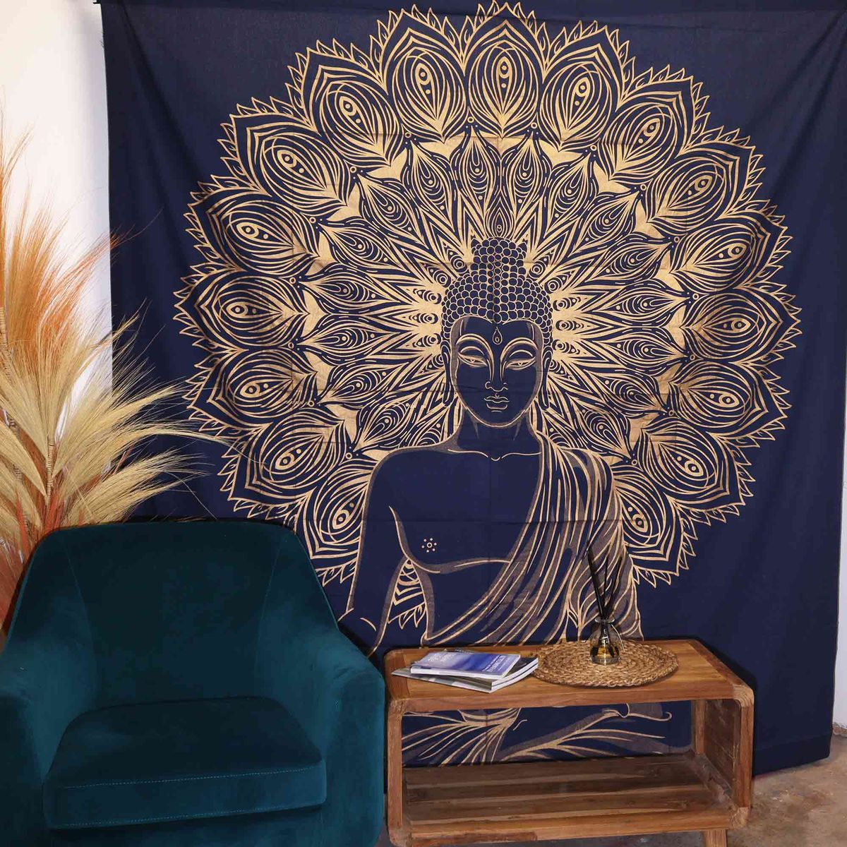 Double Cotton Bedspread & Wall Hanging – Buddha, Blue & Gold