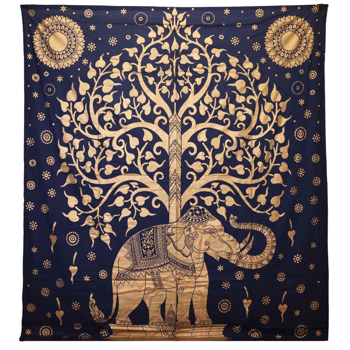 Double Cotton Bedspread & Wall Hanging – Elephant & Tree, Blue Gold