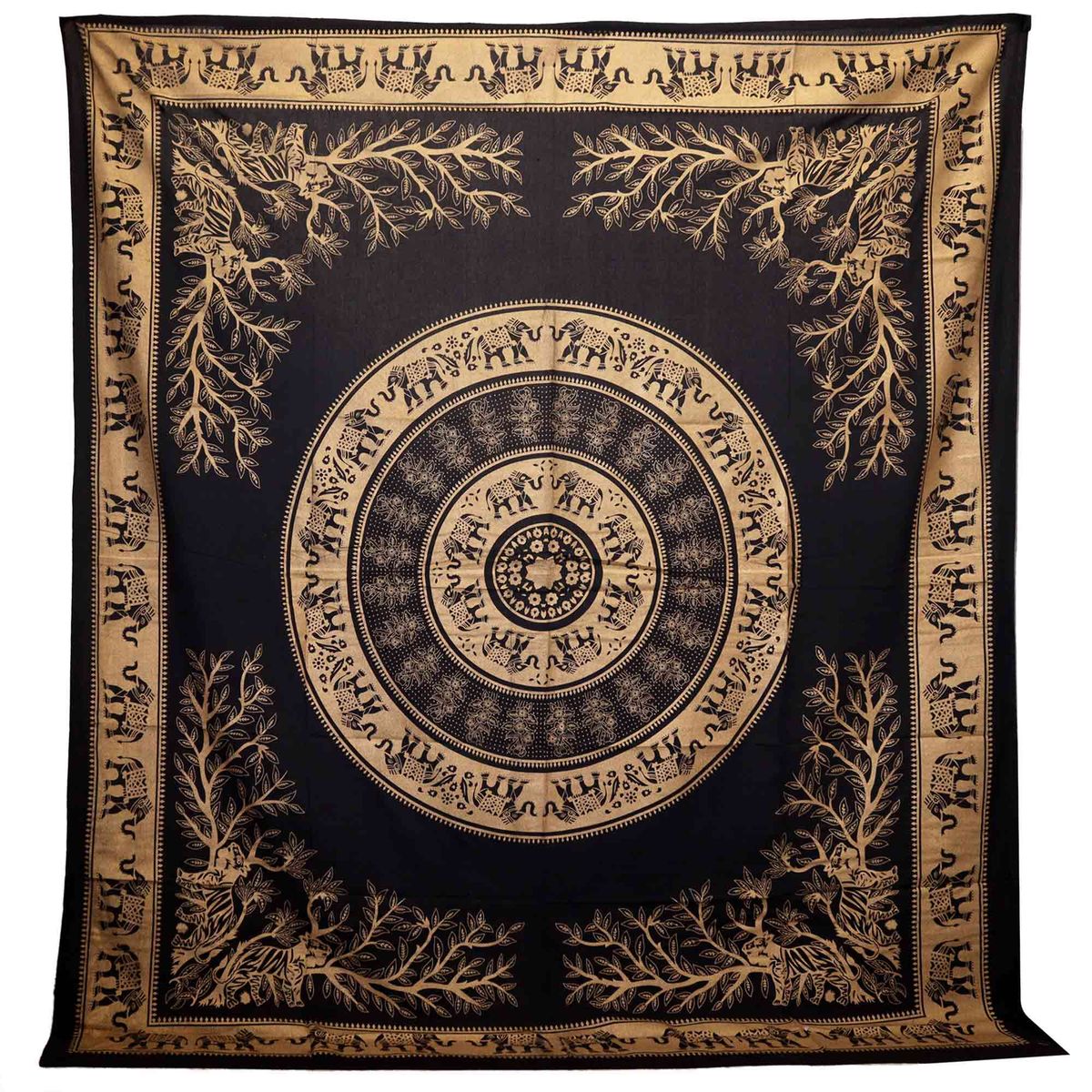 Double Cotton Bedspread & Wall Hanging – Elephant Jungle, Black Gold
