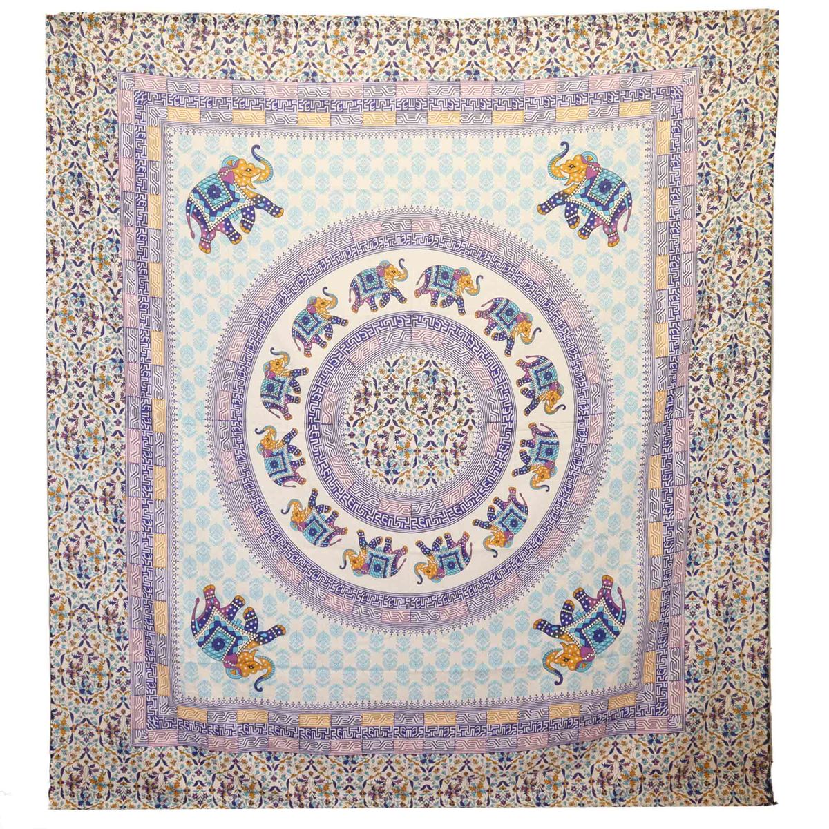 Elephant Mandala Wall Hanging / Spread – Turquoise & Blue on Cream