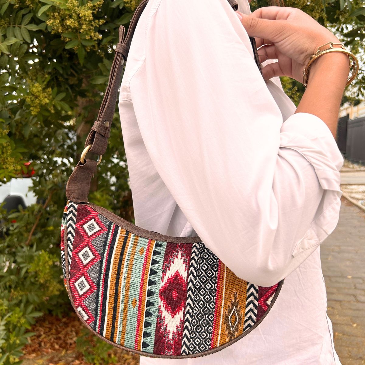 Jacquard Hobo Bag – Rich Browns, Brown Strap
