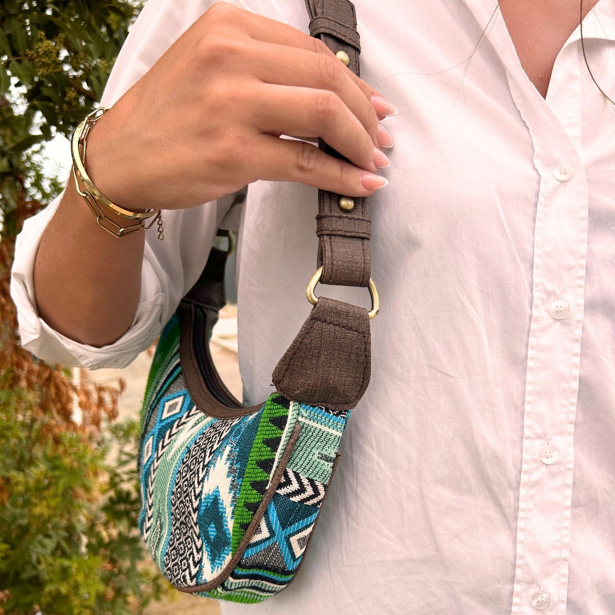 Jacquard Hobo Bag – Bold Greens, Brown Strap