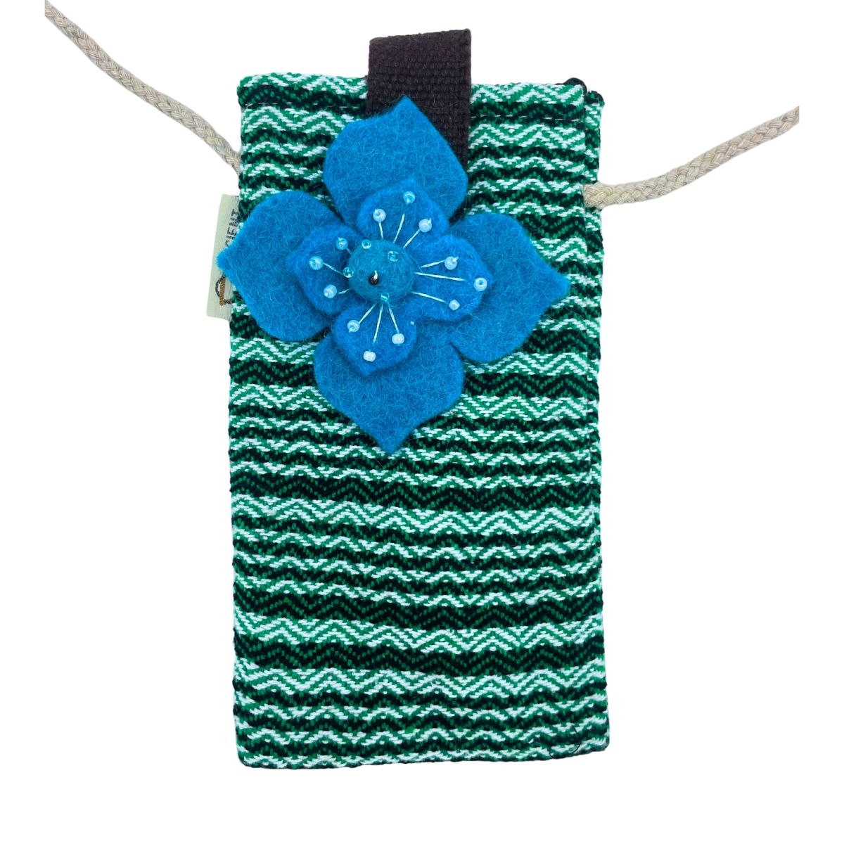 Cotton Phone Holder Bag – Green Stripes, Flower Decor
