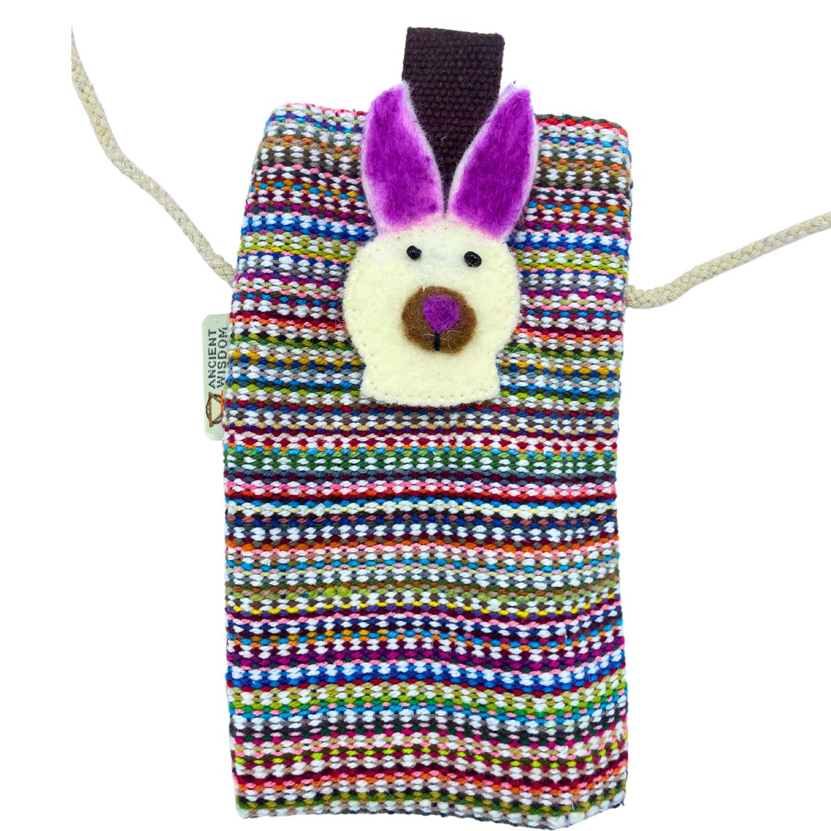 Cotton Phone Holder Bag – Pink Stripes, Bunny Decor
