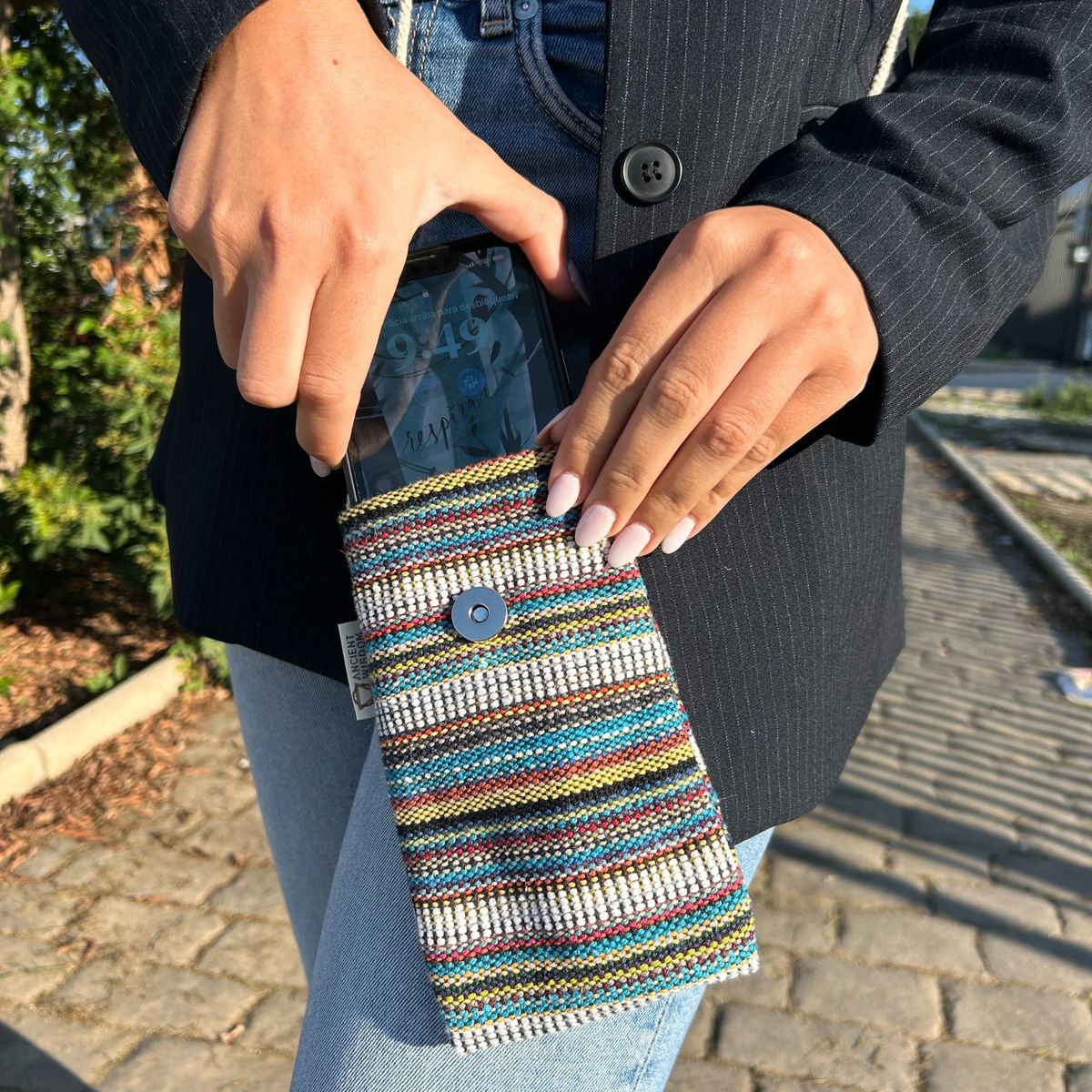 Cotton Phone Holder Bag – Multi & White Stripes, Owl Decor