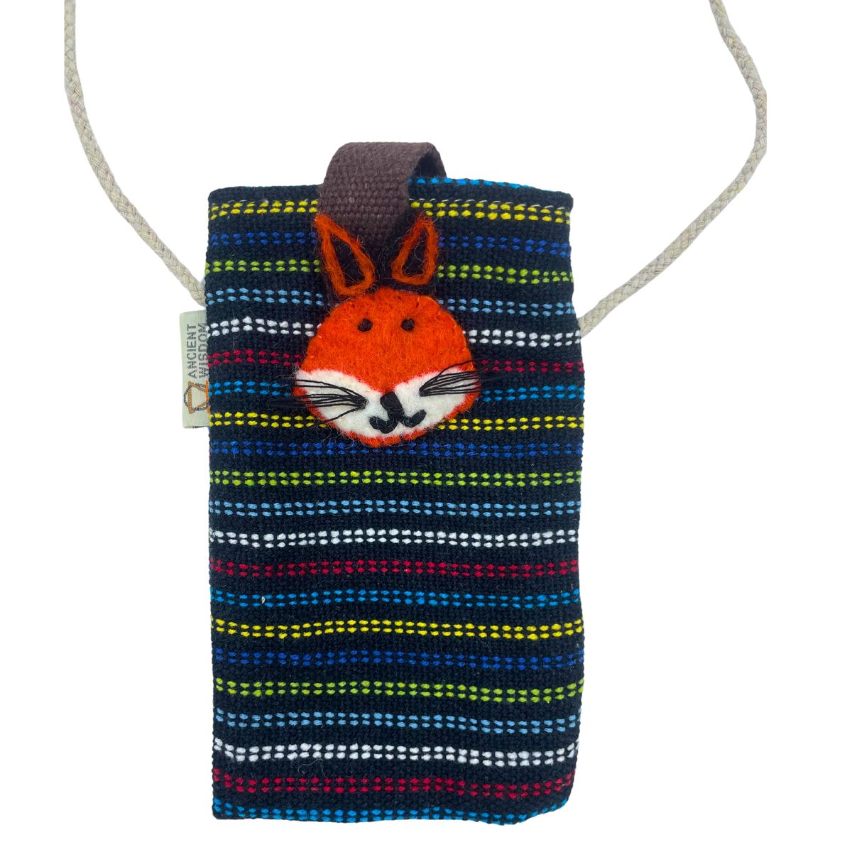 Cotton Phone Holder Bag – Black & Multi, Fox Decor