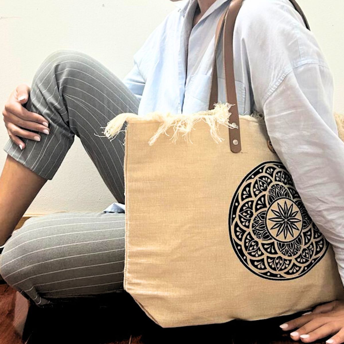 Natural Cotton Tote Bag with Leather Handles – Mandala