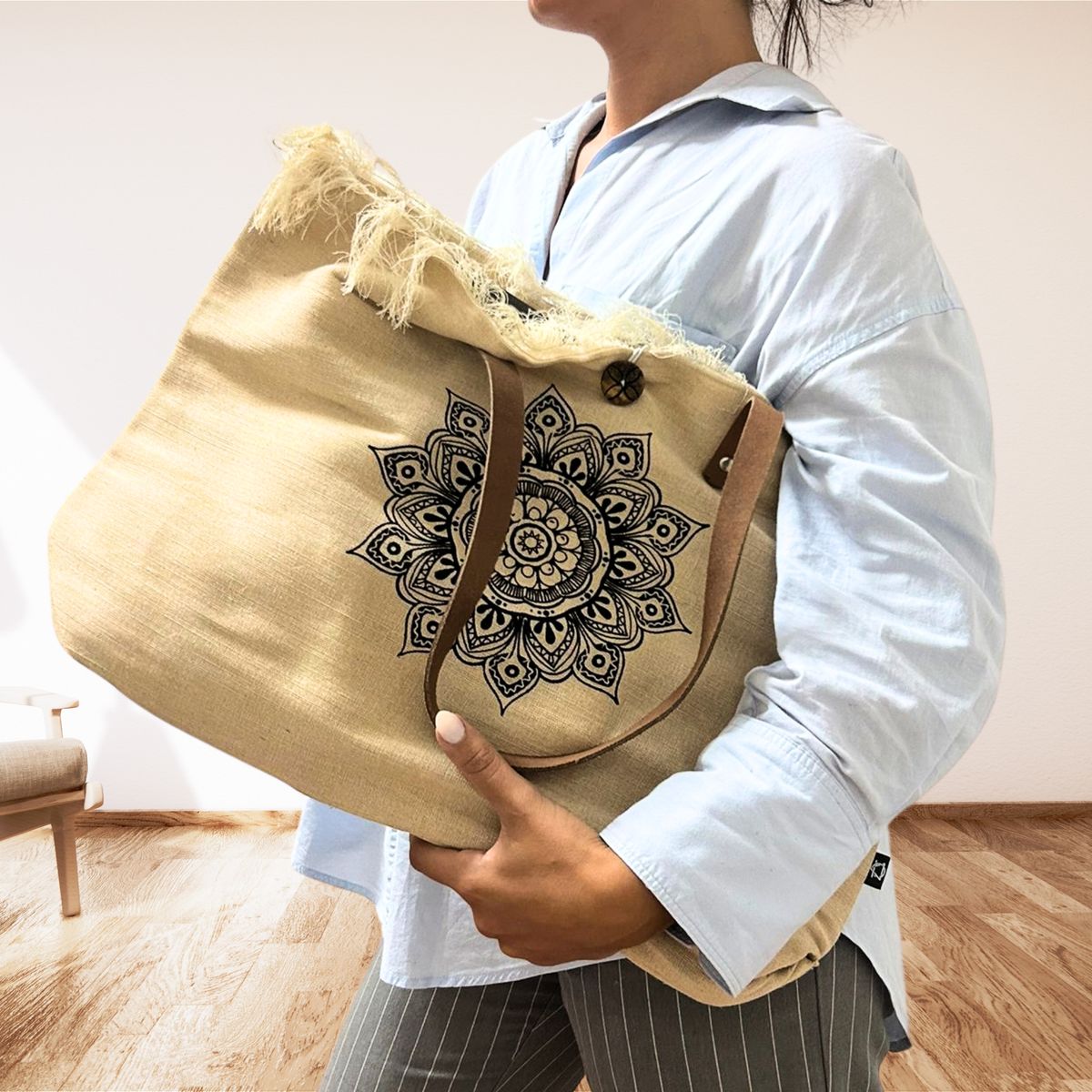 Natural Cotton Tote Bag with Leather Handles – Flower of Life