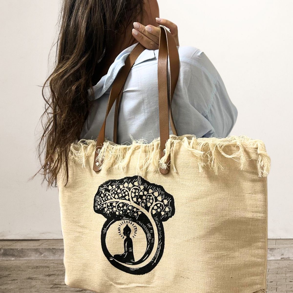 Natural Tote Bag with Leather Handles – Buddha