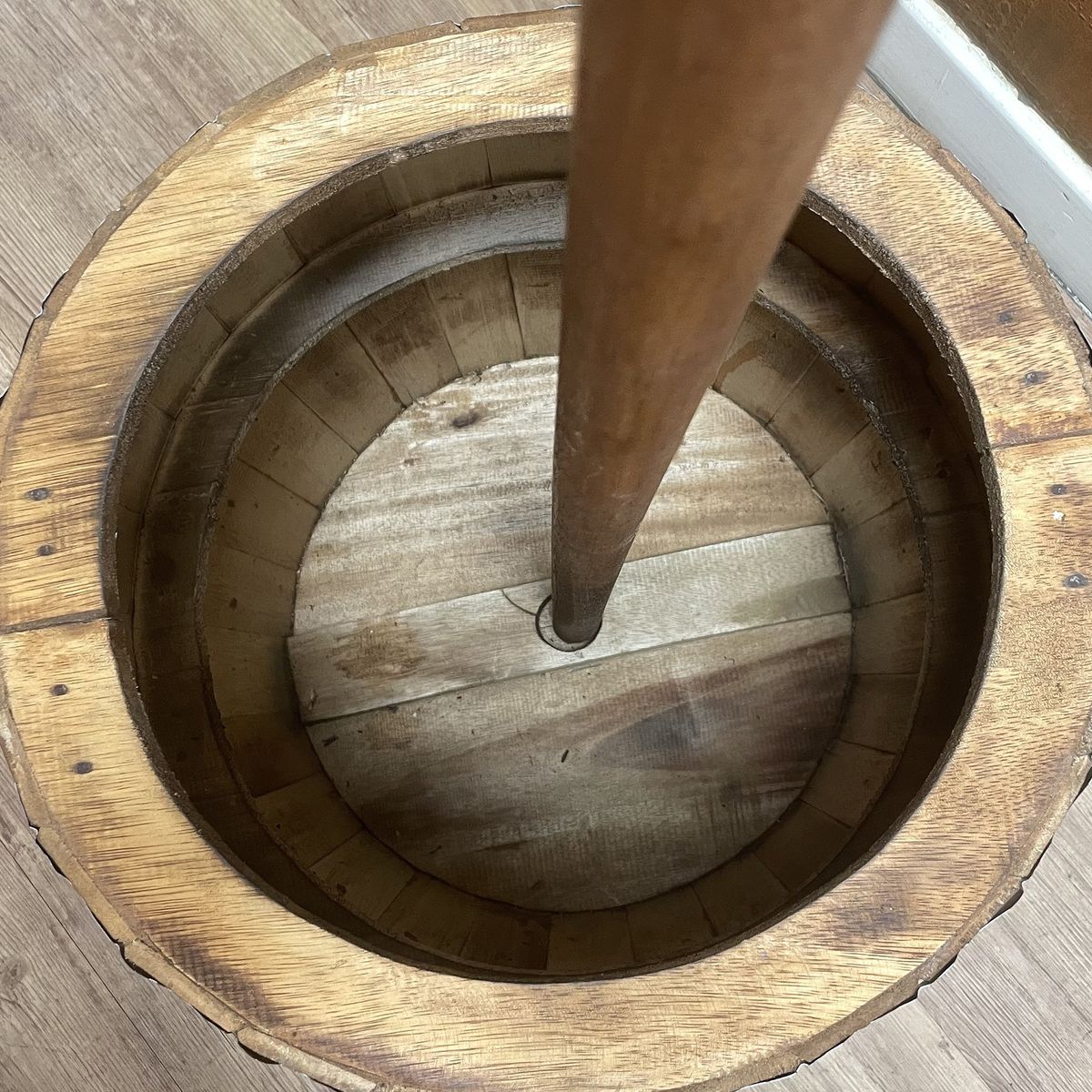 Beer Barrel Table & Parasol Stand – Natural Wood, 60x48.5cm