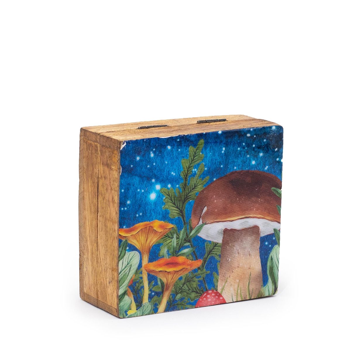 Small Enamelled Square Box – Teal Mushroom Design, 10x10x4.2cm