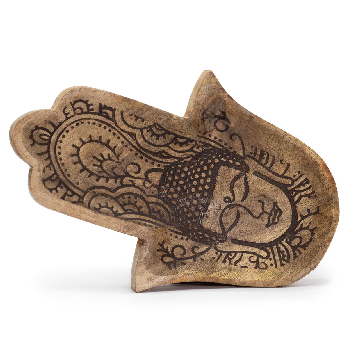 Mango Wood Tray – Black Engraved Hamsa with Buddha, 30 x 20.5cm