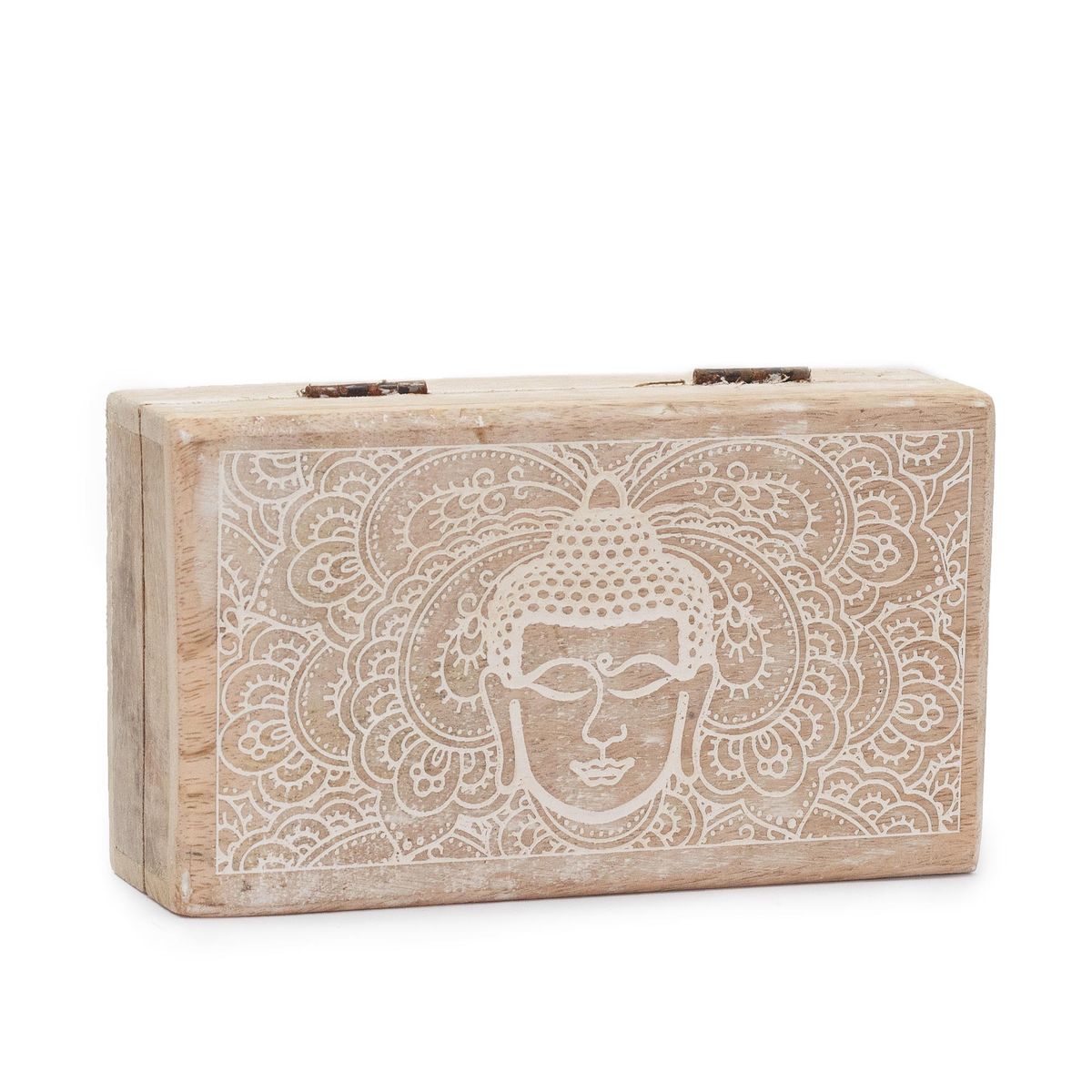 Mango Wood Box – Whitewash Buddha Face, 17 x 10cm