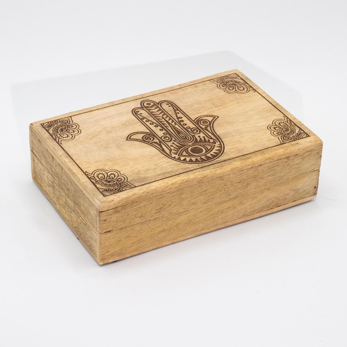 Mango Wood Rectangle Box – Black Engraved Hamsa, 21.5cm