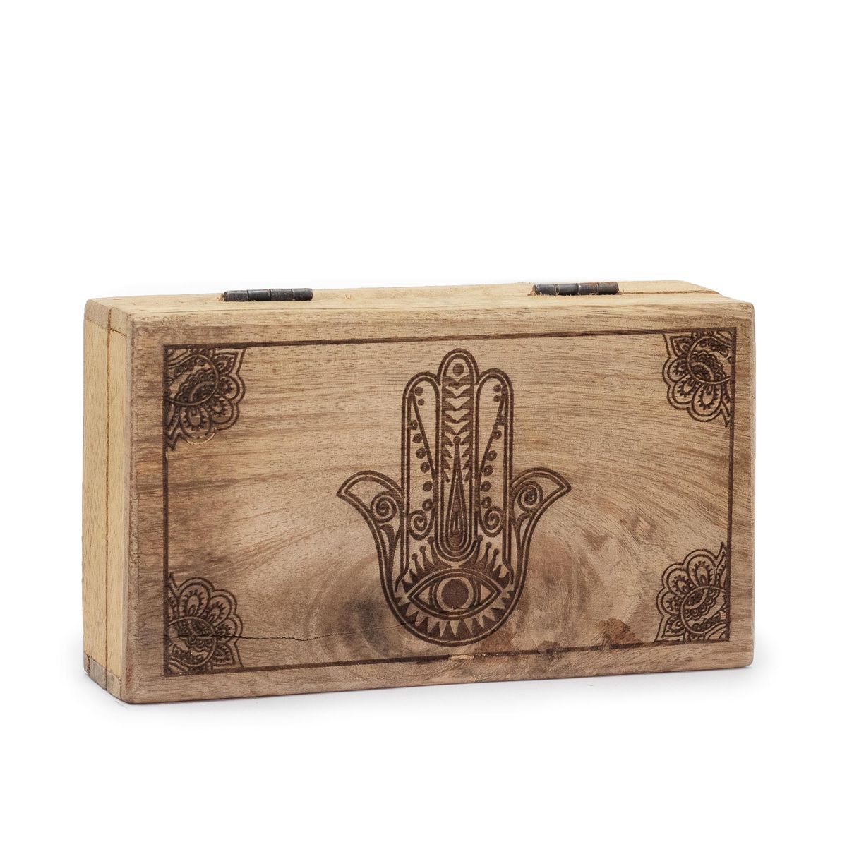 Mango Wood Box – Black Engraved Hamsa, 17 x 10cm