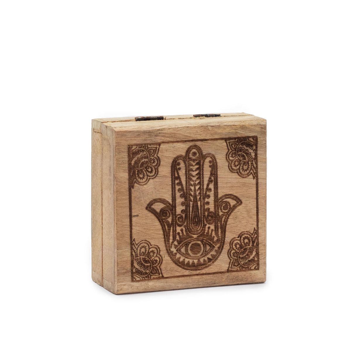 Small Mango Wood Square Box – Hamsa, Black Engraved