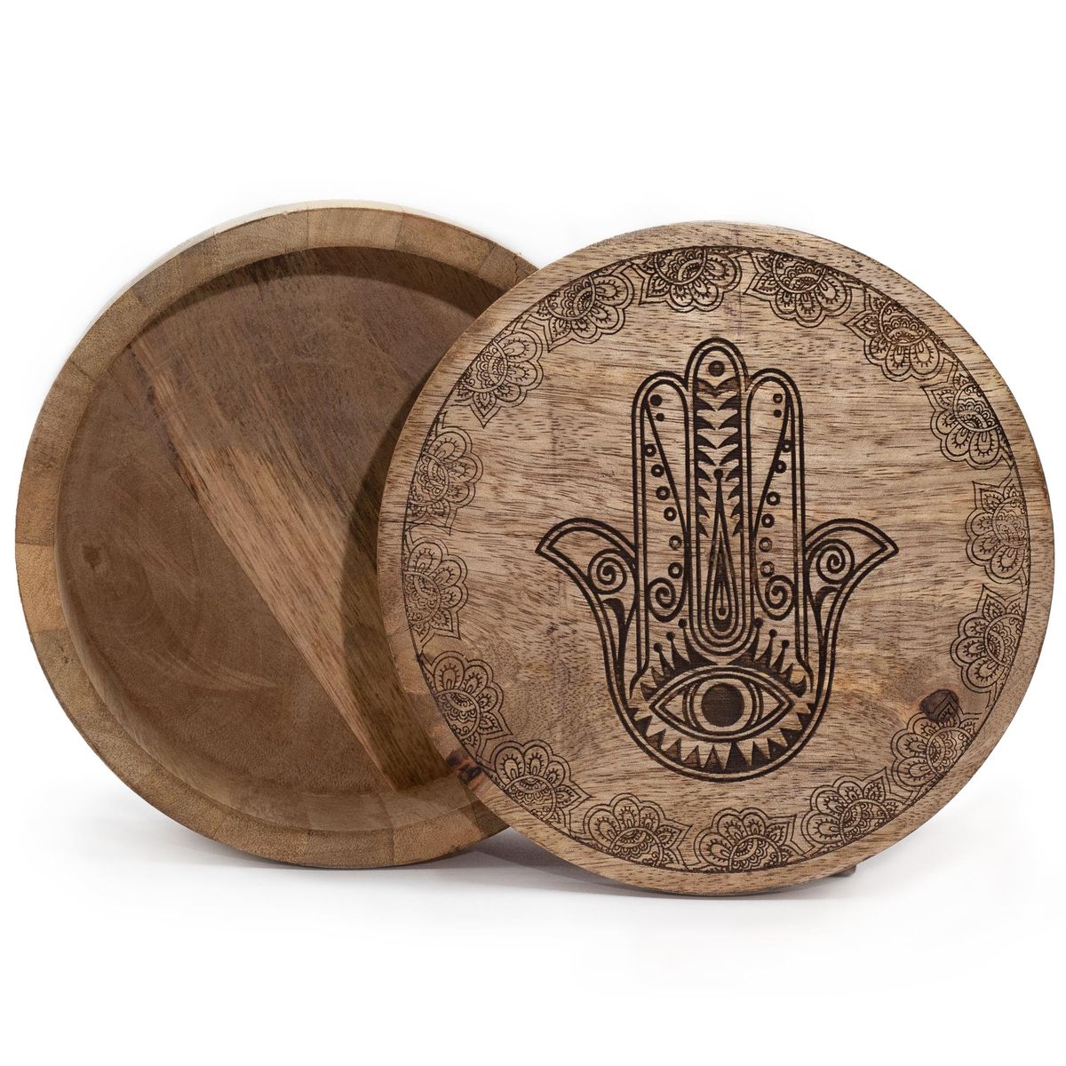 Mango Wood Round Box – Black Engraved Hamsa, 17.5cm