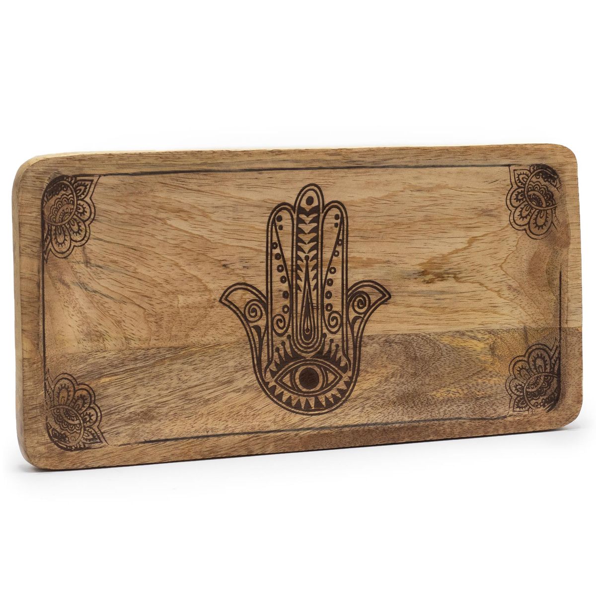 Mango Wood Long Tray – Black Engraved Hamsa, 30 x 15cm