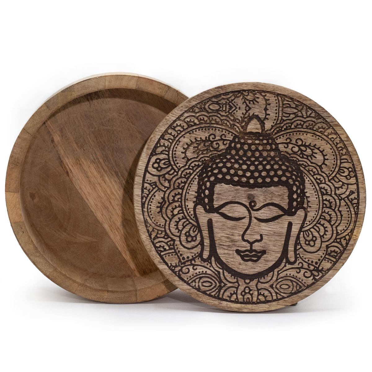 Mango Wood Round Box – Black Engraved Buddha Face, 17.5cm
