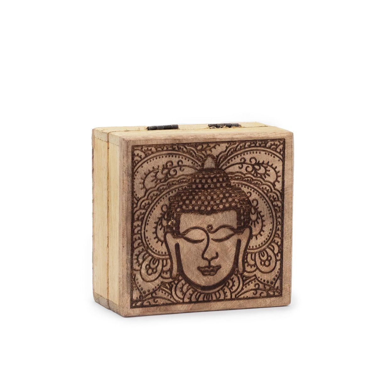 Small Mango Wood Square Box – Buddha Face, Black Engraved