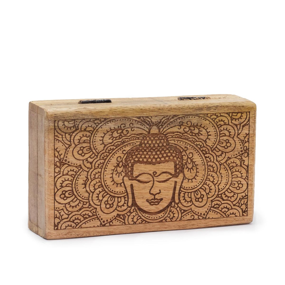 Mango Wood Box – Black Engraved Buddha Face, 17 x 10cm