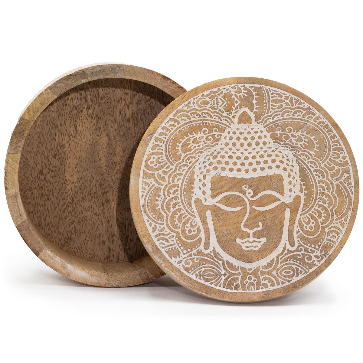 Mango Wood Round Box – Whitewash Buddha Face, 17.5cm