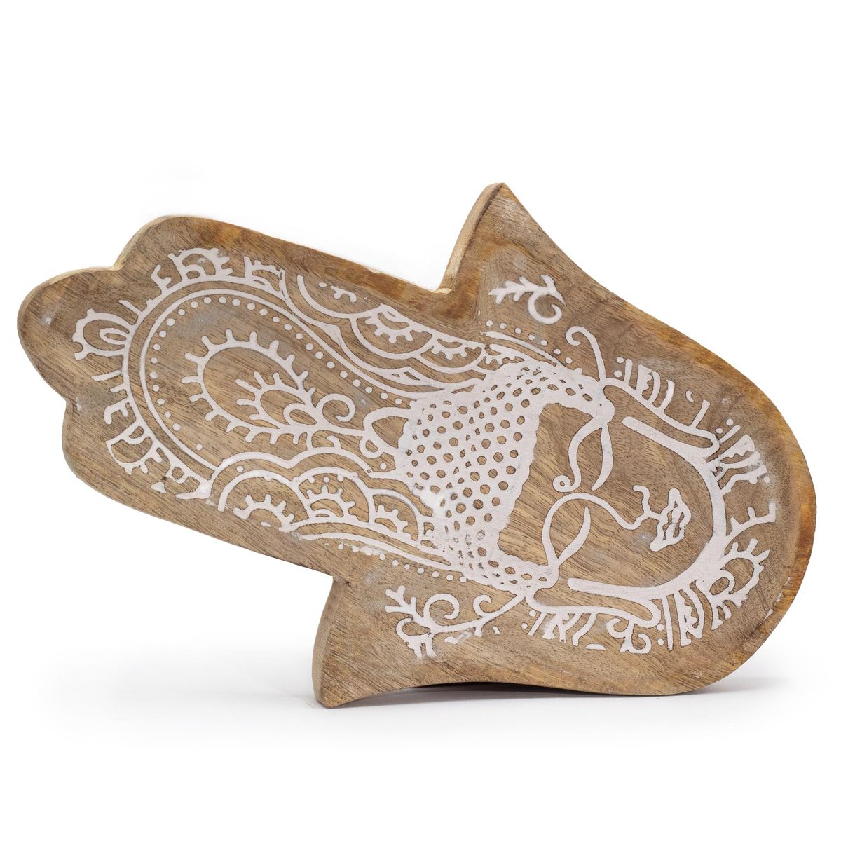 Mango Wood Tray – Whitewash Hamsa with Buddha, 30 x 20.5cm