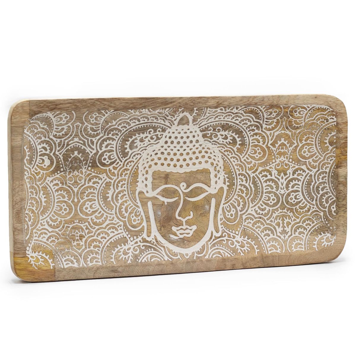 Mango Wood Long Tray – Whitewash Buddha Face, 30 x 15cm