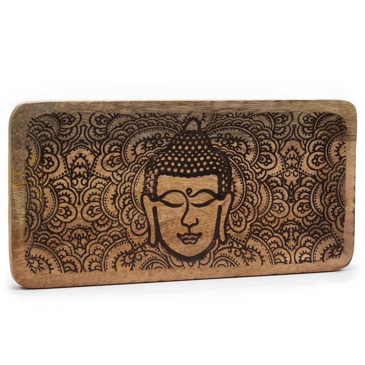 Mango Wood Long Tray – Black Engraved Buddha Face, 30 x 15cm