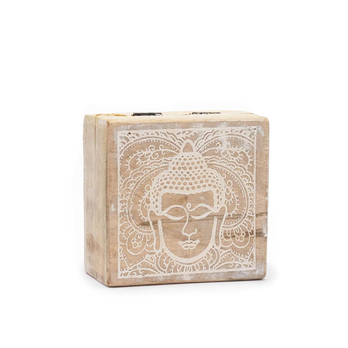 Small Mango Wood Square Box – Buddha Face, Whitewash